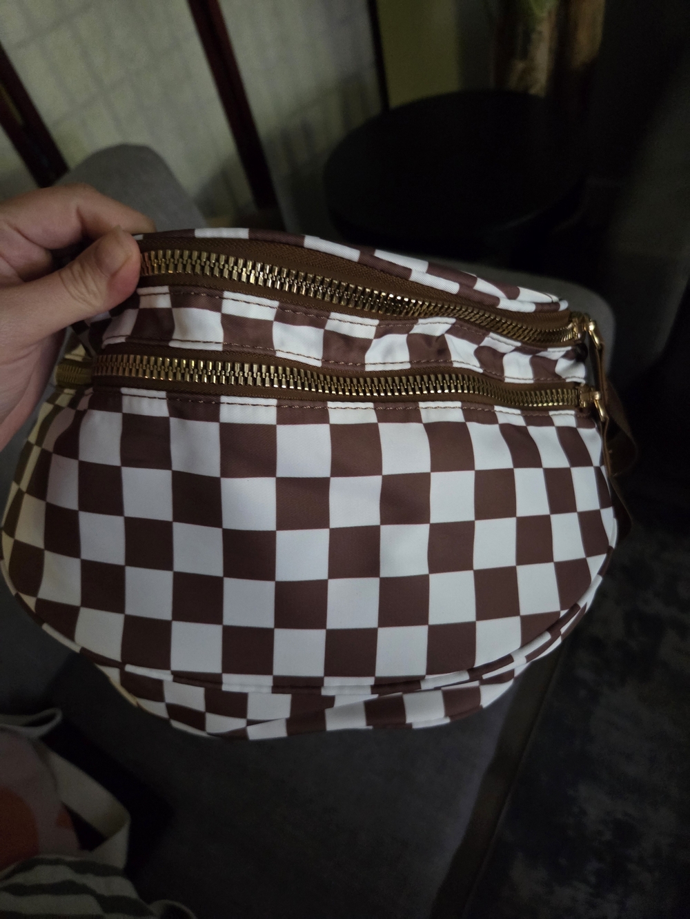 Viral Bum Bag Brown & White Checkerboard Crossbody Bag with Gold Zippers